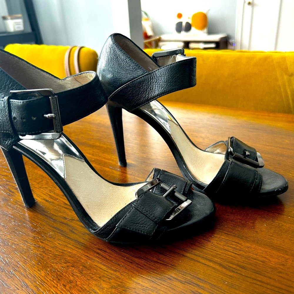 Michael Kors black 4” open toe heels.